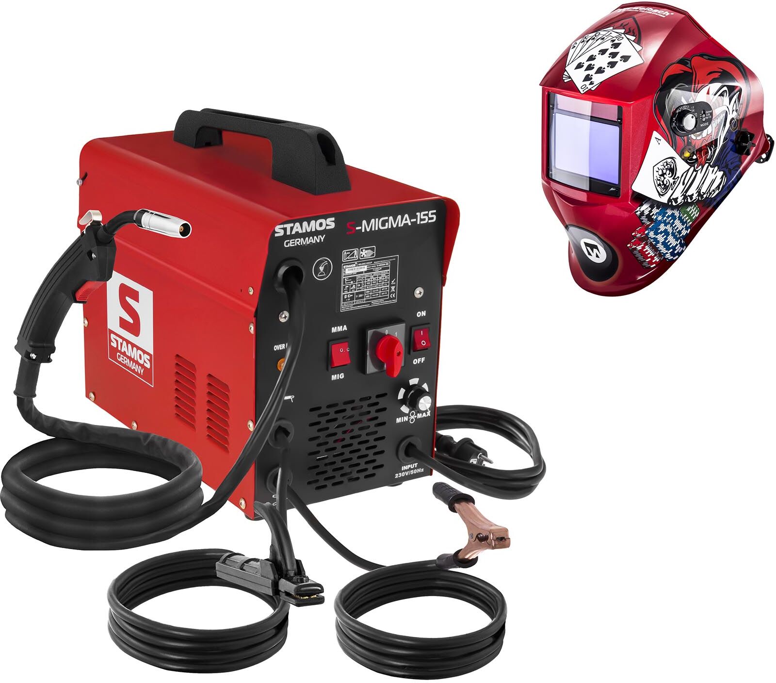 Stamos Germany Hitsaussetti Yhdistelmähitsauskone - 155 A - 230 V - kannettava + Hitsausmaski – Pokerface – PROFESSIONAL SERIES Stamos Germany Hitsaussetti Yhdistelmähitsauskone - 155 A - 230 V - kannettava + Hitsausmaski – Pokerface – PROFESSIONAL SERIES