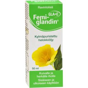 Hankintatukku Femiglandin GLA+E kylmäpuristettu helokkiöljy 50 ml Hankintatukku Femiglandin GLA+E kylmäpuristettu helokkiöljy 50 ml