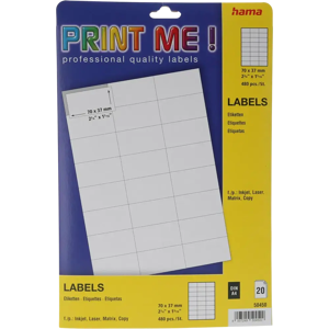 Hama Tarra-arkki, DIN A4, 20 arkkia, 480 etikettitarraa, 70 x 37 mm Hama Tarra-arkki, DIN A4, 20 arkkia, 480 etikettitarraa, 70 x 37 mm