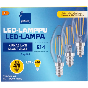Rainbow LED-kynttilälamppu 4,3W E14 2700K 470lm kirkas lasi 3kpl Rainbow LED-kynttilälamppu 4,3W E14 2700K 470lm kirkas lasi 3kpl