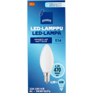 Rainbow LED-kynttilälamppu 4W E14 4000K 470lm huurrettu lasi Rainbow LED-kynttilälamppu 4W E14 4000K 470lm huurrettu lasi