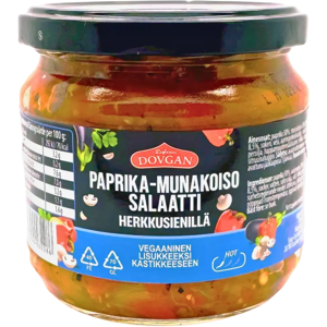 Dovgan paprika-munakoisosalaatti herkkusienillä 350 g Dovgan paprika-munakoisosalaatti herkkusienillä 350 g
