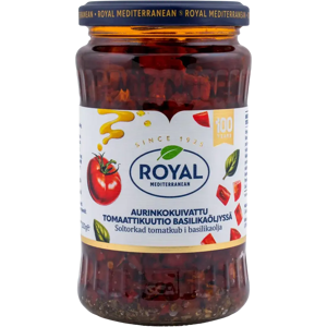 Royal aurinkokuivattu tomaattikuutio basilikaöljyssä 330/200g Royal aurinkokuivattu tomaattikuutio basilikaöljyssä 330/200g