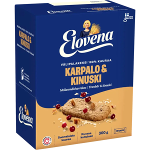 Elovena 10x30g karpalo-kinuski täysjyvä välipalakeksi 100% kauraa Elovena 10x30g karpalo-kinuski täysjyvä välipalakeksi 100% kauraa