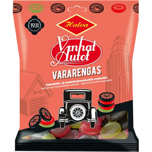 Halva Vanhat Autot Vararengas salmiakin- ja hedelmänmakuisia makeisia 120 g Halva Vanhat Autot Vararengas salmiakin- ja hedelmänmakuisia makeisia 120 g