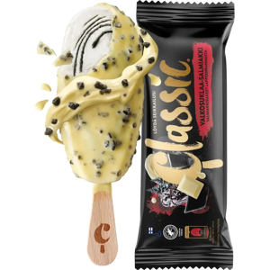 Classic Valkosuklaa-Salmiakki kermajäätelöpuikko 74g/100ml Classic Valkosuklaa-Salmiakki kermajäätelöpuikko 74g/100ml