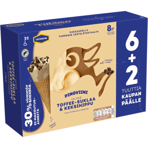 Pingviini Toffee-Suklaa & keksihippu Vähemmän sokeria, Laktoositon monipakkaus 8x67g Pingviini Toffee-Suklaa & keksihippu Vähemmän sokeria, Laktoositon monipakkaus 8x67g