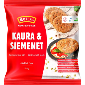 Moilas Gluten-Free Kaura & Siemenet 4 kpl/320 g, kaura-siemenpalaleipä kypsä pakaste Moilas Gluten-Free Kaura & Siemenet 4 kpl/320 g, kaura-siemenpalaleipä kypsä pakaste