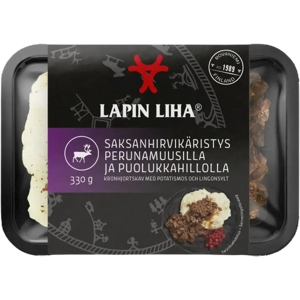 Lapin Liha valmiiksi kypsennetty saksanhirvikäristys perunamuusilla ja puolukkahillolla 330g Lapin Liha valmiiksi kypsennetty saksanhirvikäristys perunamuusilla ja puolukkahillolla 330g