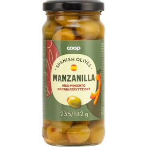 Coop Manzanilla vihreät oliivit paprikatahnatäytteellä 235/142 g Coop Manzanilla vihreät oliivit paprikatahnatäytteellä 235/142 g