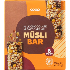 Coop myslipatukka maitosuklaa-suolakinuski 6 kpl 138 g Coop myslipatukka maitosuklaa-suolakinuski 6 kpl 138 g