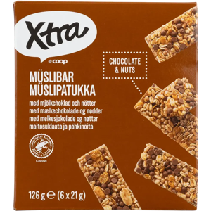 Xtra myslipatukka suklaa ja pähkinä 6 kpl 126 g Xtra myslipatukka suklaa ja pähkinä 6 kpl 126 g