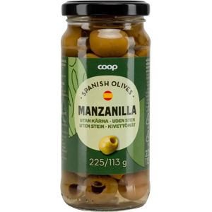 Coop Manzanilla vihreät kivettömät oliivit 225/113g Coop Manzanilla vihreät kivettömät oliivit 225/113g