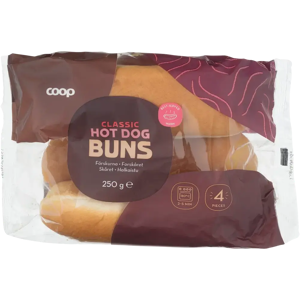 Coop hot dog sämpylät 250 g 4 kpl Coop hot dog sämpylät 250 g 4 kpl