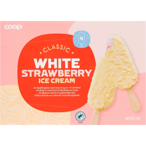 Coop mansikkajäätelöpuikko valkosuklaakuorrutteella 4 kpl 400 ml/268 g Coop mansikkajäätelöpuikko valkosuklaakuorrutteella 4 kpl 400 ml/268 g