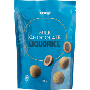 Coop lakritsikuulat maitosuklaalla 115 g Coop lakritsikuulat maitosuklaalla 115 g