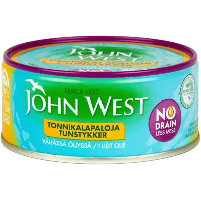John West NoDrain Meheviä tonnikalapaloja valmiiksi valutettuina vähässä auringonkukkaöljyssä 120g John West NoDrain Meheviä tonnikalapaloja valmiiksi valutettuina vähässä auringonkukkaöljyssä 120g
