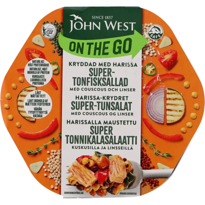 John West On The Go Harissalla maustettu super tonnikalasalaatti kuskusilla ja linsseillä 220g John West On The Go Harissalla maustettu super tonnikalasalaatti kuskusilla ja linsseillä 220g