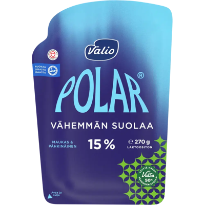 Valio Polar ® Vähemmän suolaa ValSa® 15 % juustoviipale e270 g Valio Polar ® Vähemmän suolaa ValSa® 15 % juustoviipale e270 g