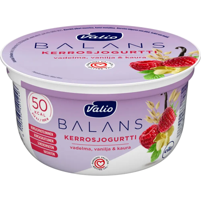 Valio Balans kerrosjogurtti vadelma-vanilja-kaura rasvaton laktoositon 150 g Valio Balans kerrosjogurtti vadelma-vanilja-kaura rasvaton laktoositon 150 g