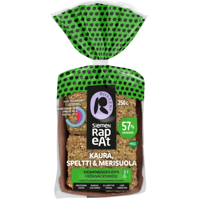 Leipomo Rosten Rosten Kaura, speltti & merisuola siemennäkkileipä 12kpl 250g Leipomo Rosten Rosten Kaura, speltti & merisuola siemennäkkileipä 12kpl 250g