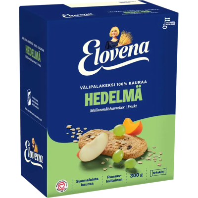 Elovena 10x30g kaura-hedelmä täysjyvä välipalakeksi 100% kauraa Elovena 10x30g kaura-hedelmä täysjyvä välipalakeksi 100% kauraa