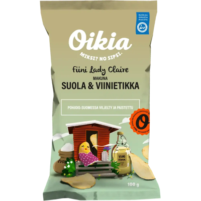 Oikia Fiini Lady Claire suola-viinietikka perunalastut 100g Oikia Fiini Lady Claire suola-viinietikka perunalastut 100g