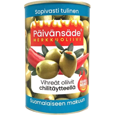 Päivänsäde Herkkuoliivi vihreät oliivit chilitäytteellä kivetön 300g/130g Päivänsäde Herkkuoliivi vihreät oliivit chilitäytteellä kivetön 300g/130g