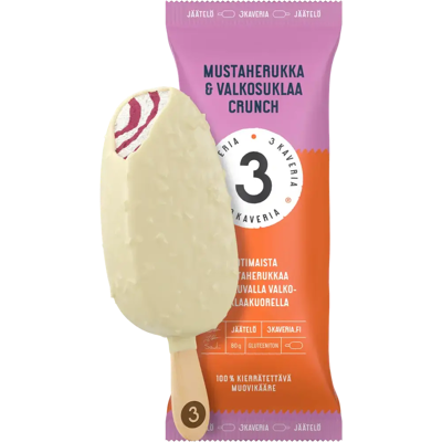 Kolmen Kaverin Jäätelö 3 Kaveria Mustaherukka & Valkosuklaa Crunch jäätelöpuikko 110ml/80g Kolmen Kaverin Jäätelö 3 Kaveria Mustaherukka & Valkosuklaa Crunch jäätelöpuikko 110ml/80g