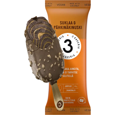 Kolmen Kaverin Jäätelö 3 Kaveria Vegaaninen Suklaa & Pähkinäkinuski jäätelöpuikko 110ml/80g Kolmen Kaverin Jäätelö 3 Kaveria Vegaaninen Suklaa & Pähkinäkinuski jäätelöpuikko 110ml/80g