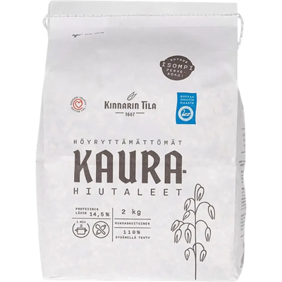 Kinnarin Tila höyryttämättömät täysjyväkaurahiutaleet 2 kg Kinnarin Tila höyryttämättömät täysjyväkaurahiutaleet 2 kg