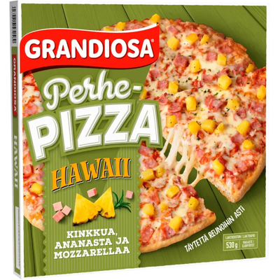 Grandiosa hawaii perhepizza, kinkkua, ananasta ja juustoa pakaste 530g Grandiosa hawaii perhepizza, kinkkua, ananasta ja juustoa pakaste 530g