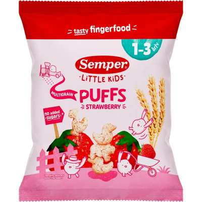 Semper Multigrain Puffs Strawberry luomunaksu 1-3v 18g Semper Multigrain Puffs Strawberry luomunaksu 1-3v 18g