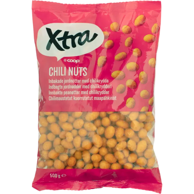 Xtra Chilimaustetut kuorrutetut maapähkinät 500 g Xtra Chilimaustetut kuorrutetut maapähkinät 500 g