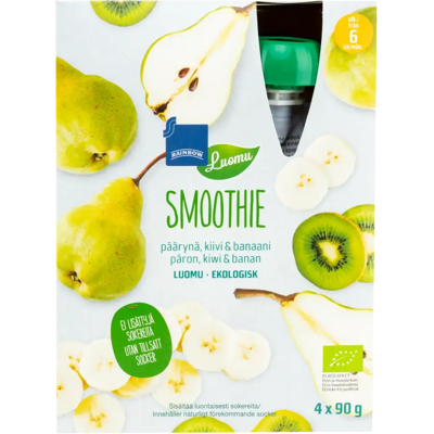 Rainbow smoothie päärynä, kiivi & banaani luomu 4x90 g 6 kk Rainbow smoothie päärynä, kiivi & banaani luomu 4x90 g 6 kk