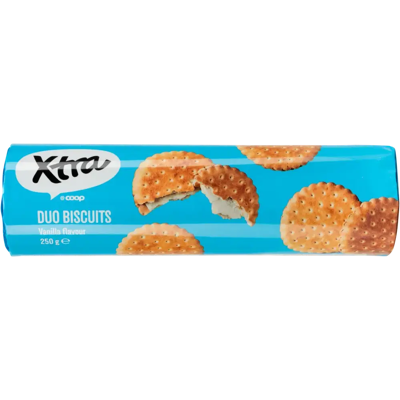 Xtra Duo biscuits vaniljatäytekeksi 250 g Xtra Duo biscuits vaniljatäytekeksi 250 g