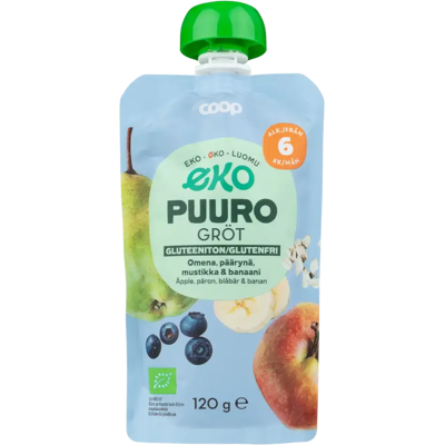 Coop Eko gluteeniton puuro omena, päärynä ja mustikka luomu 120 g 6 kk Coop Eko gluteeniton puuro omena, päärynä ja mustikka luomu 120 g 6 kk