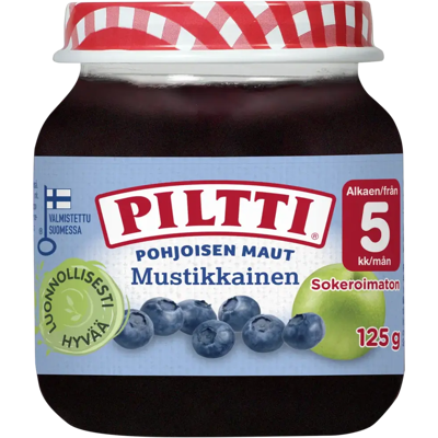 Piltti Pohjoisen maut 125g Mustikkainen marja- ja hedelmäsose 5kk Piltti Pohjoisen maut 125g Mustikkainen marja- ja hedelmäsose 5kk