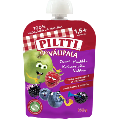 Piltti Iso Välipala 150g Omena-Mustikka, Vadelma, Karhunvatukka 1,5+v annospussi Piltti Iso Välipala 150g Omena-Mustikka, Vadelma, Karhunvatukka 1,5+v annospussi
