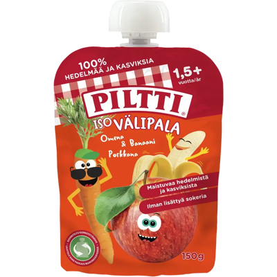 Piltti 150g Iso välipala Omena-banaani-porkkana 1,5+v annospussi Piltti 150g Iso välipala Omena-banaani-porkkana 1,5+v annospussi