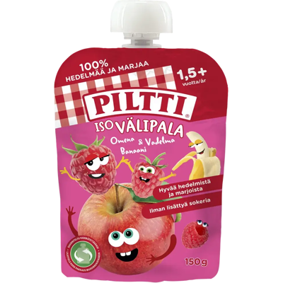 Piltti 150g Iso välipala Omena-vadelma-banaani 1,5+v annospussi Piltti 150g Iso välipala Omena-vadelma-banaani 1,5+v annospussi