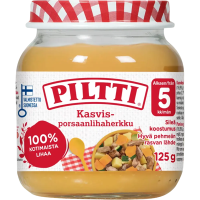 Piltti 125g Kasvis-porsaanlihaherkku lastenateria 5kk Piltti 125g Kasvis-porsaanlihaherkku lastenateria 5kk