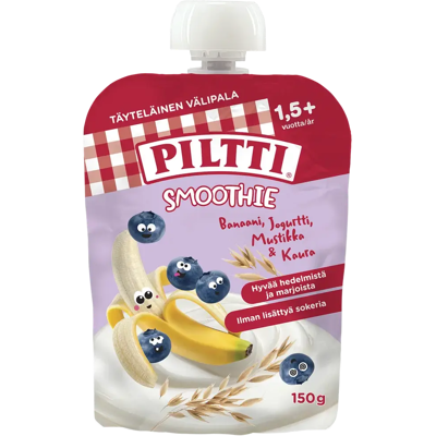 Piltti 150g Smoothie Jogurtti-mustikka-banaani-kaura 1,5v+ annospussi Piltti 150g Smoothie Jogurtti-mustikka-banaani-kaura 1,5v+ annospussi