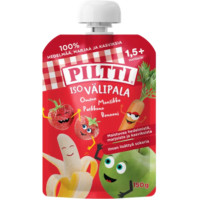 Piltti 150g Iso välipala Omena-mansikka-porkkana-banaani 1,5+v annospussi Piltti 150g Iso välipala Omena-mansikka-porkkana-banaani 1,5+v annospussi