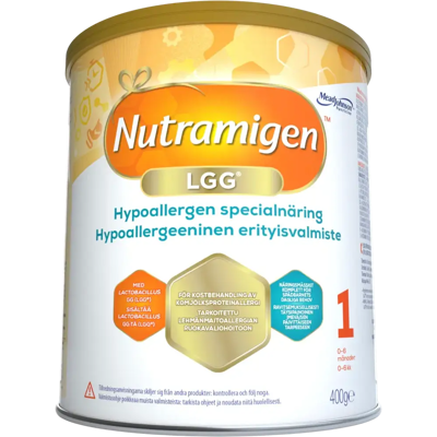 Nutramigen 1 LGG, 400g, kaseiinipohjainen kliininen ravintovalmiste lehmänmaitoallergian ruokavaliohoitoon,sisältää probiootti LGG, jauhe 0- 6 kk Nutramigen 1 LGG, 400g, kaseiinipohjainen kliininen ravintovalmiste lehmänmaitoallergian ruokavaliohoitoon,sisältää probiootti LGG, jauhe 0- 6 kk