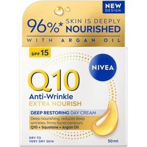 Nivea Q10 NIVEA 50ml Q10 Anti-Wrinkle Extra Nourish Deep Restoring Day Cream SK 15 -päivävoide Nivea Q10 NIVEA 50ml Q10 Anti-Wrinkle Extra Nourish Deep Restoring Day Cream SK 15 -päivävoide