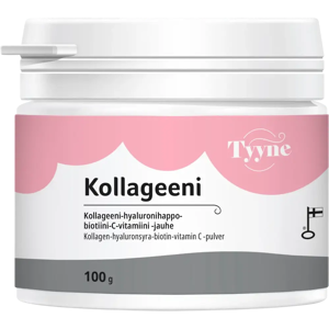 TYYNE Kollageeni 100 g, kotimainen kollageeni-hyaluronihappo-biotiini-sinkki-C-vitamiini jauhe, Vitabalans TYYNE Kollageeni 100 g, kotimainen kollageeni-hyaluronihappo-biotiini-sinkki-C-vitamiini jauhe, Vitabalans