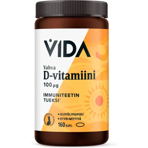 Vida ravintolisävalmiste Vahva D-vitamiini 100µg 160 kapselia/ 63 g Vida ravintolisävalmiste Vahva D-vitamiini 100µg 160 kapselia/ 63 g