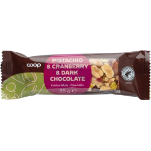 Coop pähkinä-hedelmäpatukka pistaasi, karpalo ja tumma suklaa 35 g Coop pähkinä-hedelmäpatukka pistaasi, karpalo ja tumma suklaa 35 g