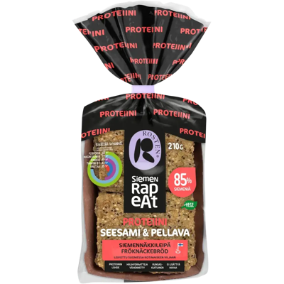 Leipomo Rosten Rosten Siemenrapeat Proteiini Seesami & Pellava siemennäkkileipä 10 kpl 210 g Leipomo Rosten Rosten Siemenrapeat Proteiini Seesami & Pellava siemennäkkileipä 10 kpl 210 g